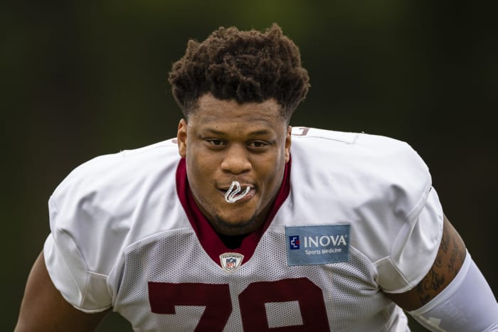 May 25, 2021; Ashburn, Virginia, USA; Washington Football Team offensive tackle Ereck Flowers (79) in action during an OTA at Inova Sports Performance Center. Mandatory Credit: Scott Taetsch-USA TODAY Sports
